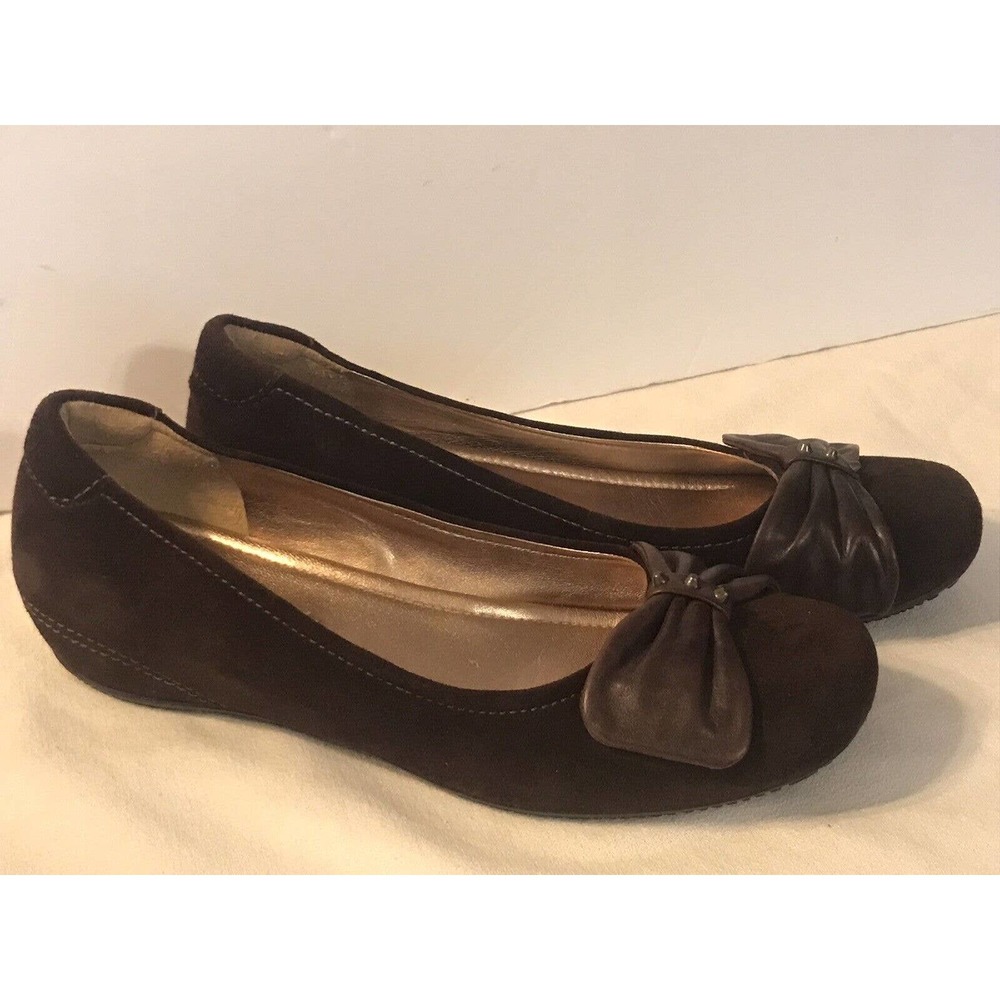 ECCO Bouillon Bow Brown Suede Stud Bow Flat Hidden Wedge Sz US 7 EU 37